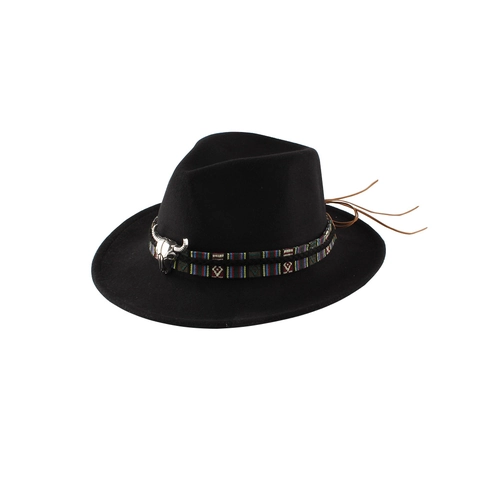 Vintage Western Cowboy Wool Felt Fedora Hat For Women Ethnic Woven Band Metal Cow Head Decor Wide Brim British Jazz Hat