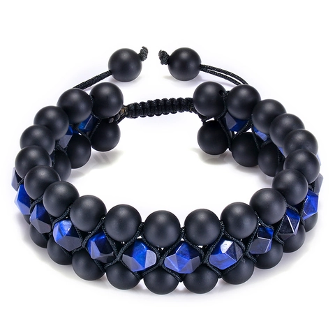 Natural Blue Tiger Eye And Black Matte Onyx Beaded Bracelet Multi Layer Adjustable Woven Rope For Men Unisex