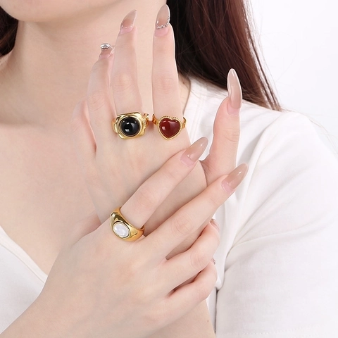 Vintage French Stainless Steel Ring Heart Red Pine Stone Black Agate Oval Mother Of Artificial Pearl Inlaid Geometric For Women