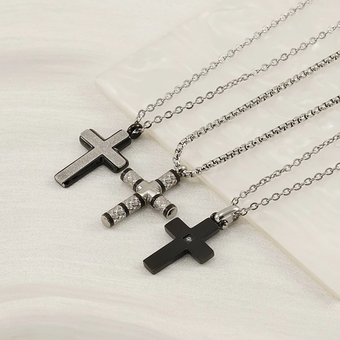 Cross Pendant Necklace Stainless Steel With Carbon Fiber And Rhinestone Hip Hop Fashion Jewelry For Men Women