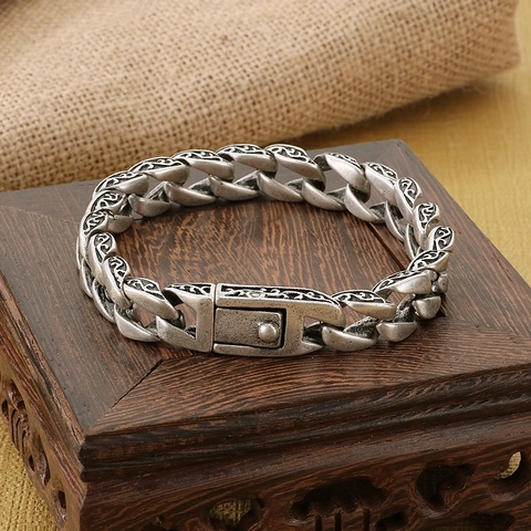 Pulsera De Eslabones Cubanos Para Hombre Acero Inoxidable Vintage Patrón Grabado Estilo Retro Joyería