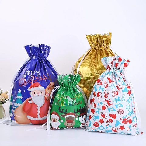 Weihnachts Kordelzug Geschenktüten Glänzende Metallic Kunststoff Folie Party Verpackung Bänder Cartoon Weihnachtsmann Muster