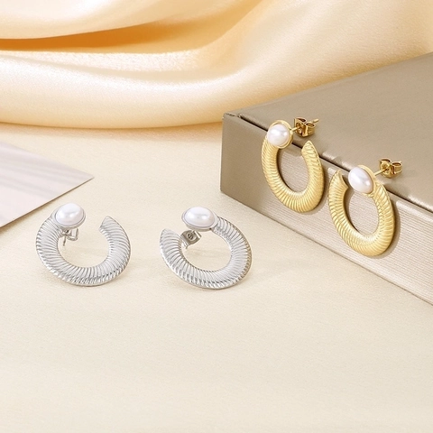 Orecchini a Cerchio a Forma di U in Acciaio Inossidabile Retro Francese Con Texture Elicoidale Perla Artificiale Gioielli Donna