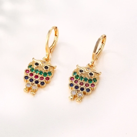 Owl Hoop Earrings Colorful Cubic Zirconia Copper Hollow Out Multi Color Fashion Jewelry For Women