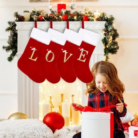 Calza Di Natale Velluto Pelliccia Sintetica Lettera Alfabeto Glitter Oro Cappello Di Babbo Natale Decorazione Natalizia