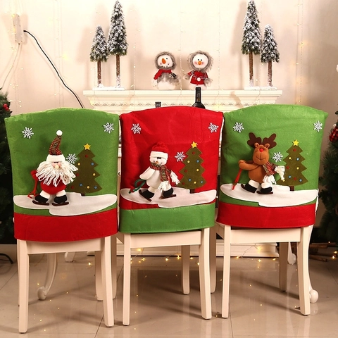Christmas Chair Covers Santa Snowman Reindeer Skiing Pattern Fabric Dining Chair Back Protector Xmas Party Home Decor