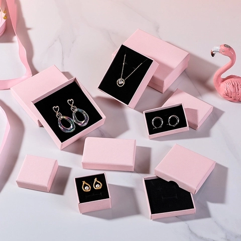 Textured Paper Jewelry Gift Box Pink Square Rectangular Storage Packaging For Ring Earring Necklace Bracelet With Sponge Lining Elegant