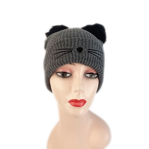 Leuke Kattenoren Gebreide Muts Voor Dames Winter Warm Pluche Bontoren Geborduurd Kattengezicht Pullover Muts Mode Ribgebreide Cap