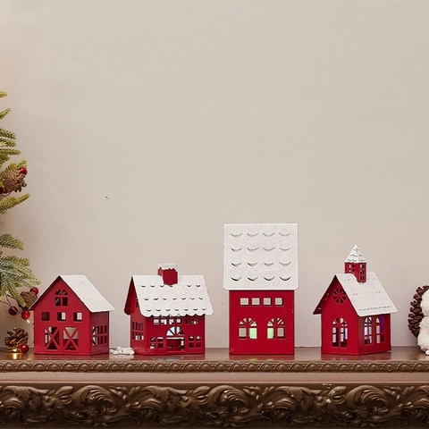 Iron Christmas Snow House Candle Holder Red White Glitter Metal Desktop Ornament Hollow Out Festive Decor