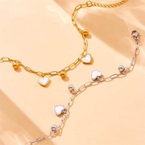 Stainless Steel Heart Pendant Chain Bracelet For Women With White Shell Inlay And Round Beads Elegant Jewelry Gift