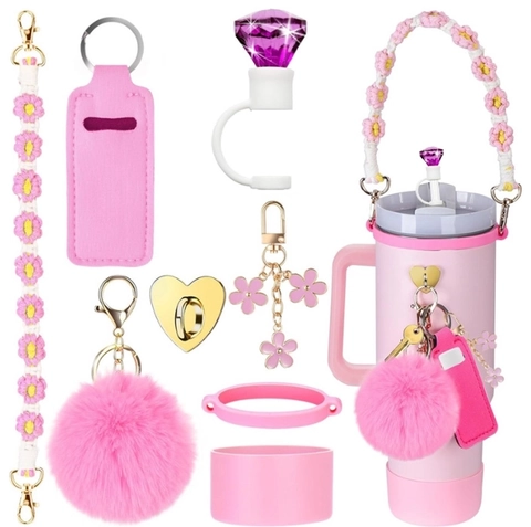 Silicone Straw Cover Cap Protective Cup Boot Woven Lanyard Pom Pom Keychain Pouch Decoration For Insulated Water Bottle