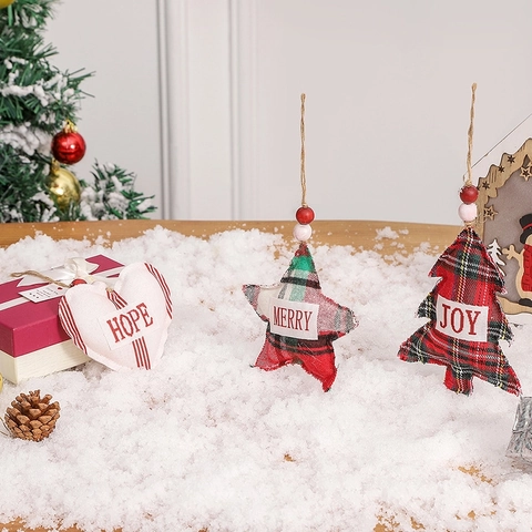 Kerstversiering Hanger Stof Geruit Streep Houten Kraal Ster Hart Boom Vorm Joy Merry Hope Decoratief