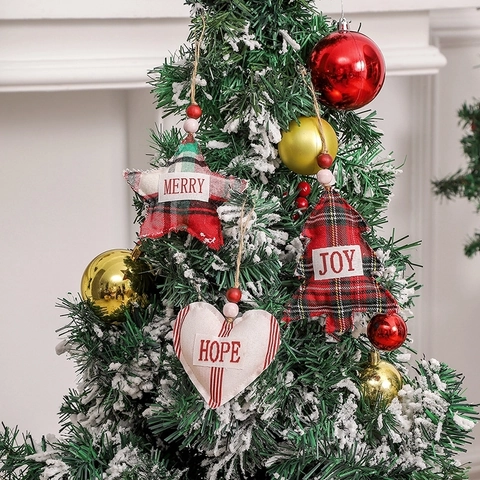 Kerstversiering Hanger Stof Geruit Streep Houten Kraal Ster Hart Boom Vorm Joy Merry Hope Decoratief