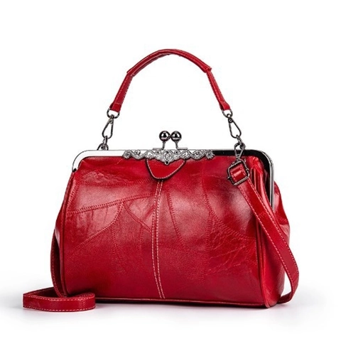 Vintage Women Handbag PU Leather Retro Doctor Style Embossed Crossbody Shoulder Bag With Metal Kiss Lock Frame Strap