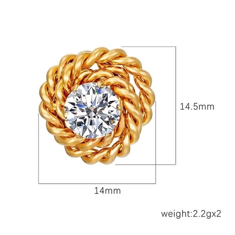Vintage Round Zircon Stud Earrings 18K Gold Plated Stainless Steel With Twisted Rope Border Retro Small Design