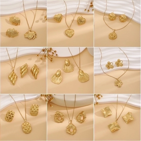 Necklace And Earrings 18K Gold Plated Stainless Steel Geometric Textured Flower Heart Leaf Jewelry For Women Fashion Elegant