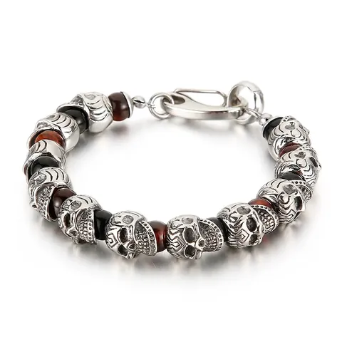 Men's Skull Head Bracelet Stainless Steel Natural Tiger Eye Volcanic Lava Stone Beads Punk Gothic Style Hand Jewelry
