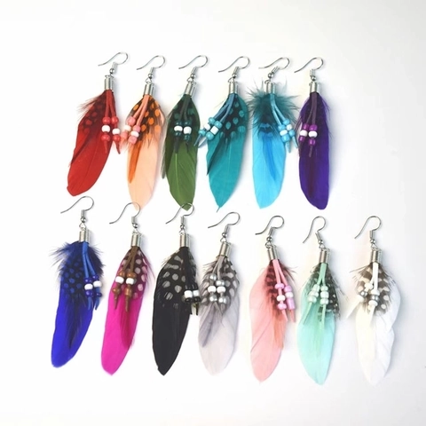 Long Bohemian Natural Feather Dangle Earrings Ethnic Vintage Handmade Alloy Bead Tassel Drop Hook Earring For Women