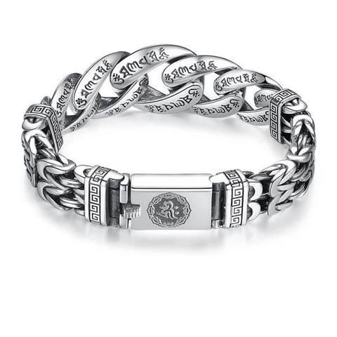 Bracciale A Catena Cubana Vintage Argento Sterling 925 Inciso Mantra Sei Parole Gioielli Buddisti Da Uomo
