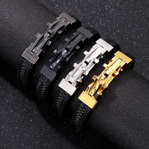 Pulsera De Cuero Trenzado Para Hombre Cierre Magnético De Acero Inoxidable Estilo Industrial Geométrico Joyería Punk