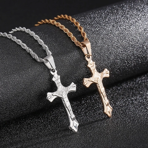 Collar Con Colgante De Cruz De Crucifijo De Jesús De Acero Inoxidable Joyería Religiosa Hip Hop