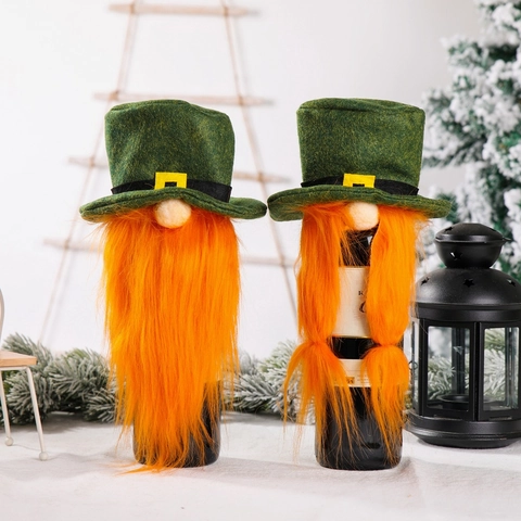Wine Bottle Cover St. Patrick's Day Gnome Leprechaun Green Hat Orange Beard Braids Felt Festive Table Decor