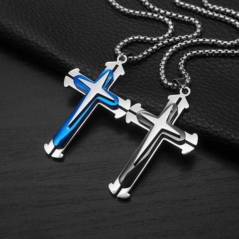 Punk Hip Hop Cross Pendant Necklace Titanium Steel Multi Layer Mens Unisex Gothic Jewelry Accessory