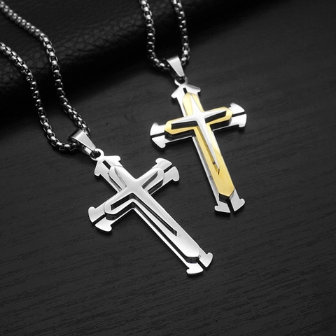 Punk Hip Hop Cross Pendant Necklace Titanium Steel Multi Layer Mens Unisex Gothic Jewelry Accessory