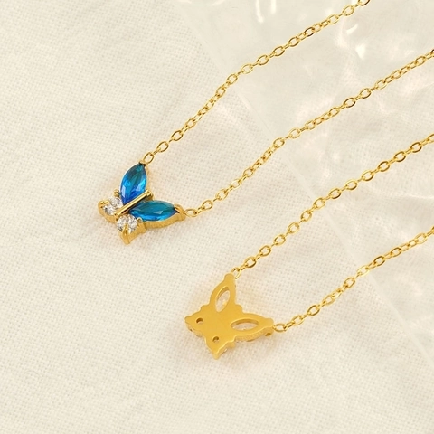 Collier Pendentif Papillon Acier Inoxydable Plaqué Or 18K Zircon Incrusté Bijoux Élégants De Luxe Pour Femmes