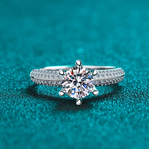 925 Sterling Silver Ring Round Brilliant Cut Moissanite Six Prong Crown Setting Pavé Band Engagement Jewelry For Women