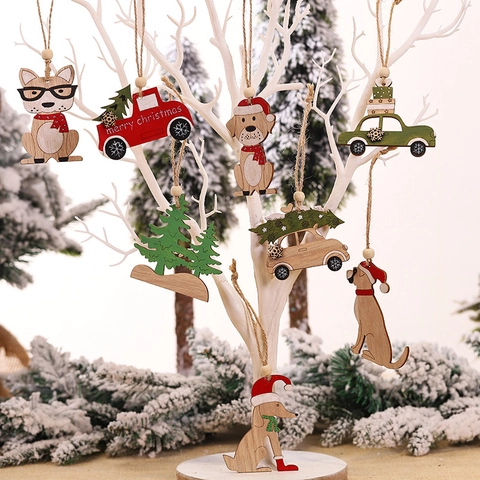 Ornamenti Natalizi Da Appendere In Legno Cane Auto Albero Cartone Animato Con Corda Di Iuta Decorazione Rustica