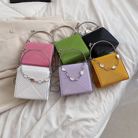 Women Handbag PU Leather Geometric Embossed Metal Round Handle Shoulder Bag Small Square Crossbody Bag Decorative Chain
