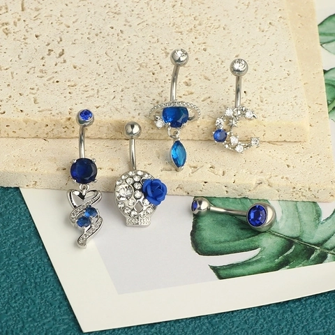Piercing Ombelico in Acciaio Inossidabile Minimalista con Strass Blu Saturno Teschio Cuore Luna Stella Gioielli Donna