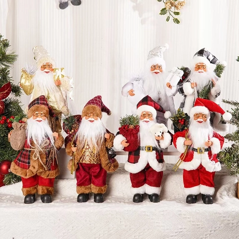 Statuetta Babbo Natale Decorazione Natalizia Ornamento Da Scrivania In Piedi Con Sacchetto Regalo Lanterna Tessuto Plastica Pelliccia Sintetica Classico