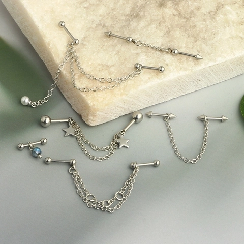 Orecchino Barbell Industriale in Acciaio Inossidabile Con Catena Lunga Stella Pentagramma Perla Artificiale Gioielli Donna Uomo