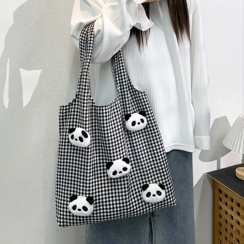 Borsa Tote In Tela A Quadri Con Bambole Panda In Peluche Borsa A Tracolla Grande Capacità Estetica Kawaii