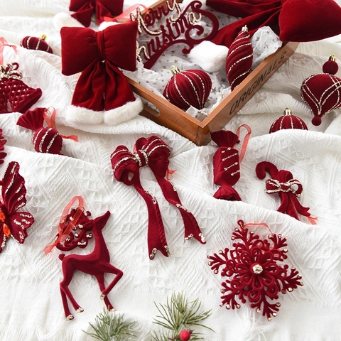 Christmas Tree Hanging Ornaments Red Flocked Velvet Plastic Reindeer Bells Bows Candy Butterfly Snowflake Festive Xmas Decor