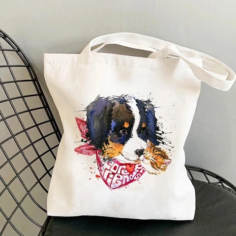 Aesthetic Animal Print Canvas Tote Bag Large Capacity Artistic Dog Cat Lion Pattern Shoulder Handbag Casual Simple