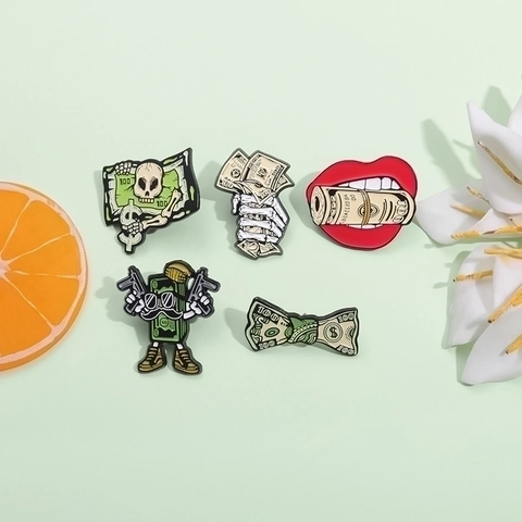 Creative Dollar Bill Enamel Brooches Personalized Skull Skeleton Hand Red Lips Money Pin Alloy Metal Badge Accessories