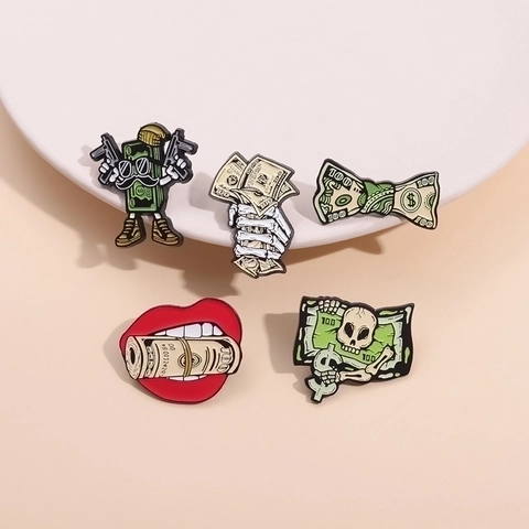 Creative Dollar Bill Enamel Brooches Personalized Skull Skeleton Hand Red Lips Money Pin Alloy Metal Badge Accessories