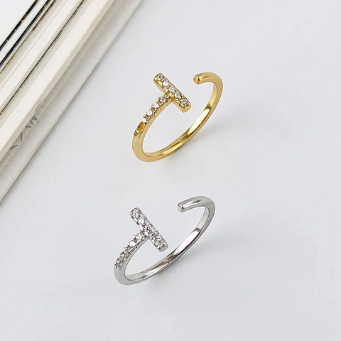 925 Sterling Silver T-Shaped Open Ring Minimalist Geometric Adjustable Rhinestone Finger Ring For Women Jewelry Gift