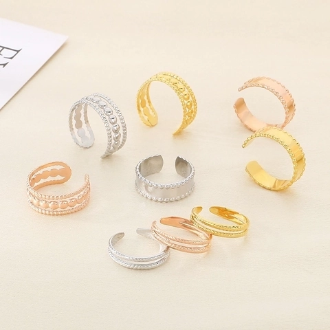 Anillo Ajustable De Acero Inoxidable Minimalista Hueco Geométrico Texturizado Con Cuentas Retorcido De Múltiples Capas Joyería De Dedo Mujer