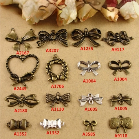 Vintage Bowknot Heart Charms Zinc Alloy Antique Bronze Silver DIY Jewelry Making Connectors Crafting Pendants Accessories