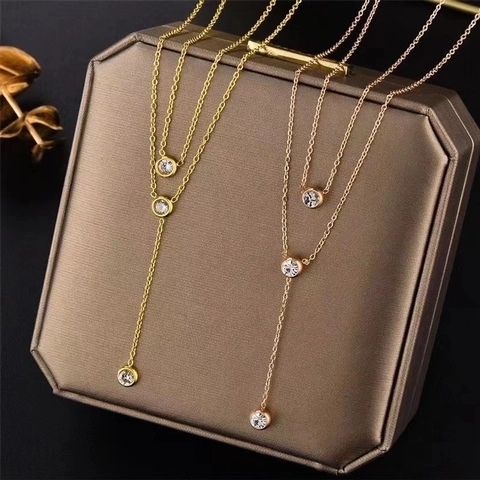Titanium Steel Double Layer Necklace Round Rhinestone Pendant Tassel Choker For Women Elegant Minimalist Jewelry Gift