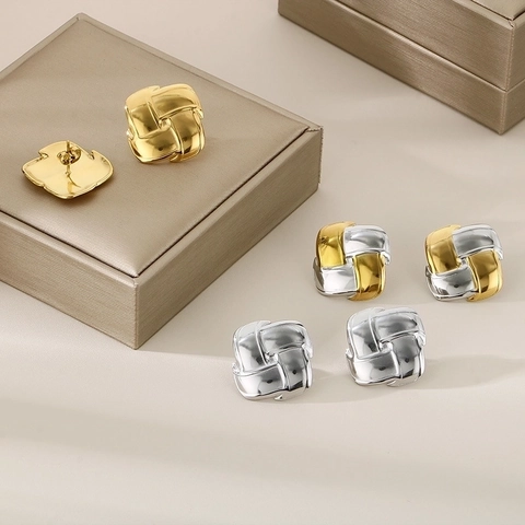 Vintage Quadratische Gewebte Struktur Ohrstecker Edelstahl Geprägt Geometrisch Metallischer Stil Für Damen