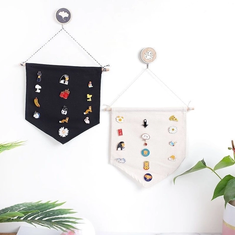 Canvas Wall Hanging Banner Enamel Pin Badge Organizer Display Storage Flag Minimalist Nordic Decor Wooden Pole