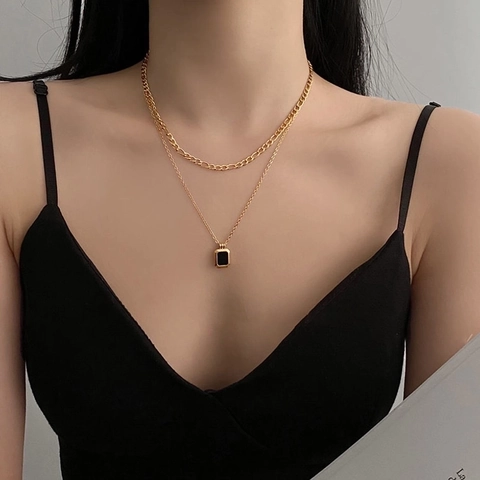 Double Layered Necklace Stainless Steel Gold Plated Rectangular Black Pendant Square Tag Minimalist Chic Jewelry For Women