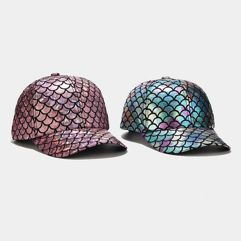 Holographic Fish Scale Baseball Cap Iridescent Mermaid Scale Pattern Metallic Adjustable Street Hiphop Peaked Hat Unisex