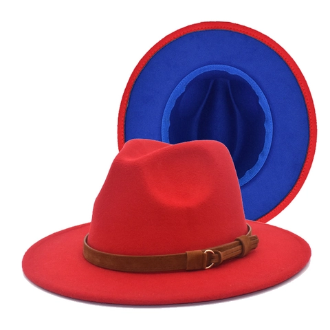Unisex British Vintage Bicolor Wool Felt Fedora Hat With Decorative Buckle Belt Contrast Wide Brim Jazz Hat For Travel Outdoor