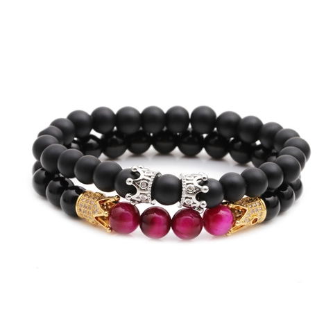Perlenarmband Kronenanhänger Tigerauge Mattenstein Zirkon Eingelegt Schmuck Unisex Elastisch Trendy